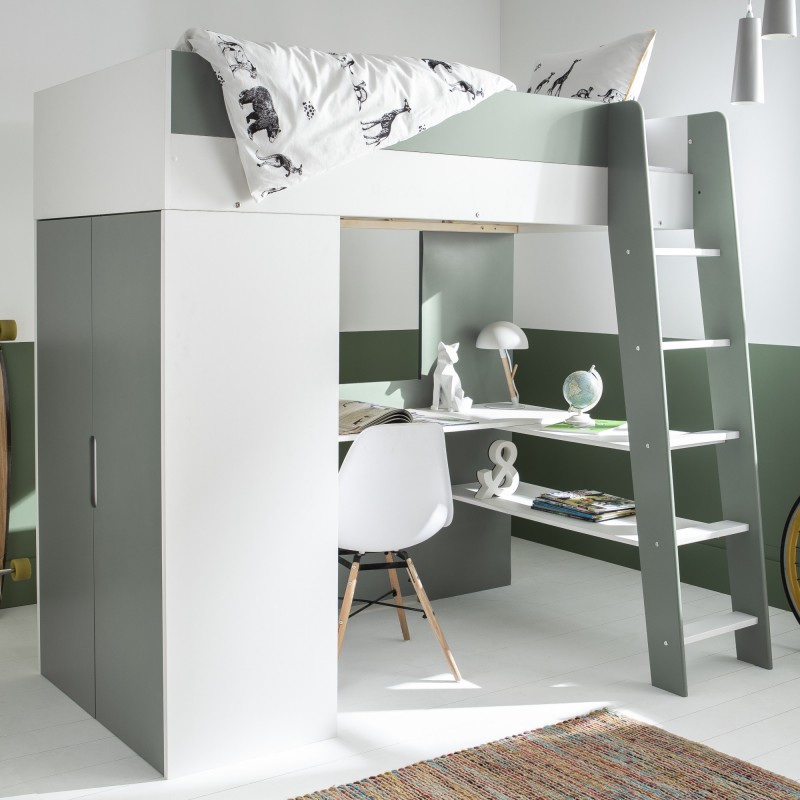 lit mezzanine avec bureau et armoire blanc/vert