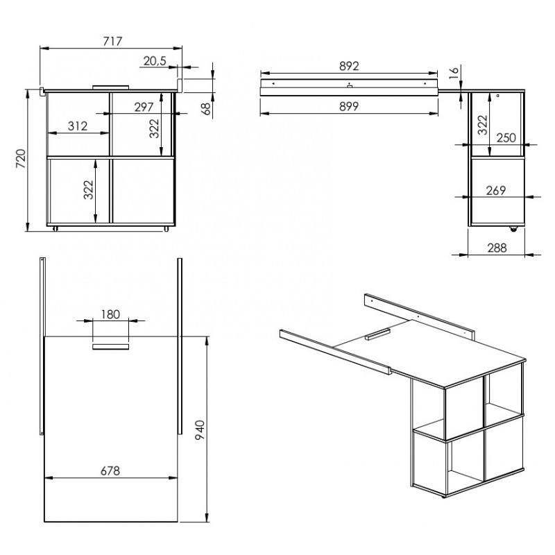 dimensional schema of ninon half-height bed desk