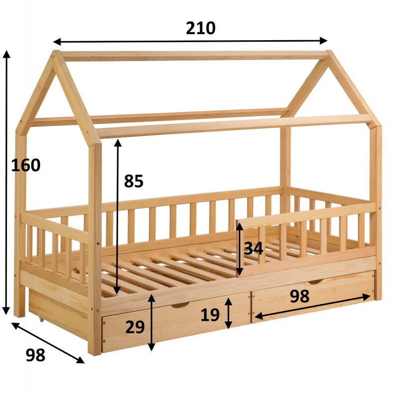 Schema Hut bed 90x200 with drawers Marius natural
