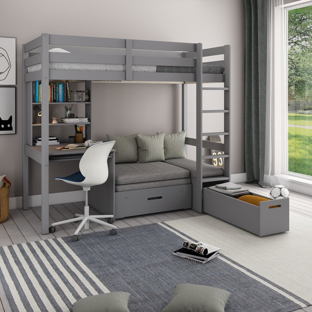 Lit Mezzanine Ado 90x200 Avec Bureau Et Chauffeuse ARTHUR Gris lit-mezzanine-ado-90x200-avec-bureau-et-chauffeuse-arthur-gris