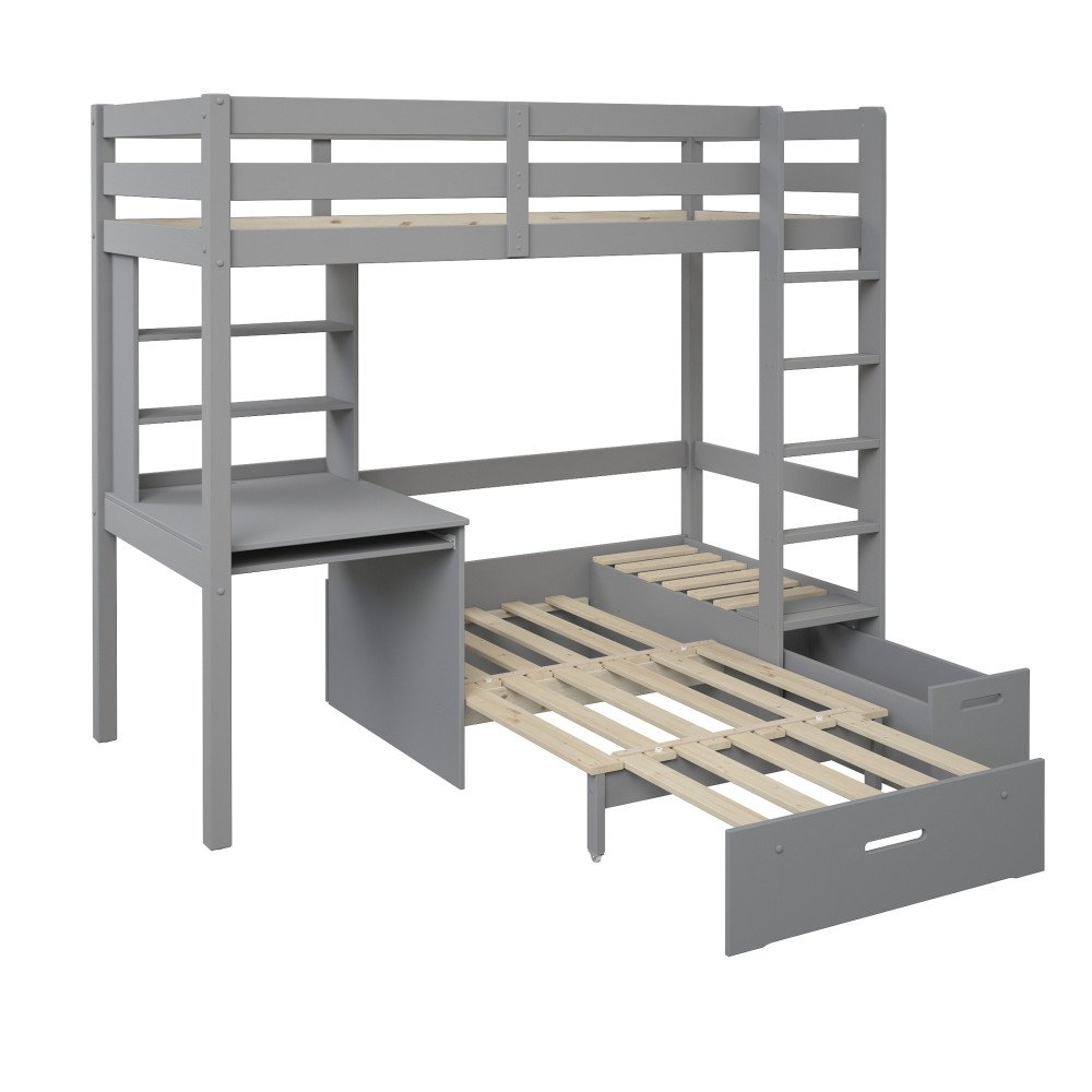 Lit Mezzanine Enfant/ado 90x200 Avec Bureau - Éclairage LED, Ports USB/Type-C, échelle, Tiroirs Et Portant, En Pin Et MDF