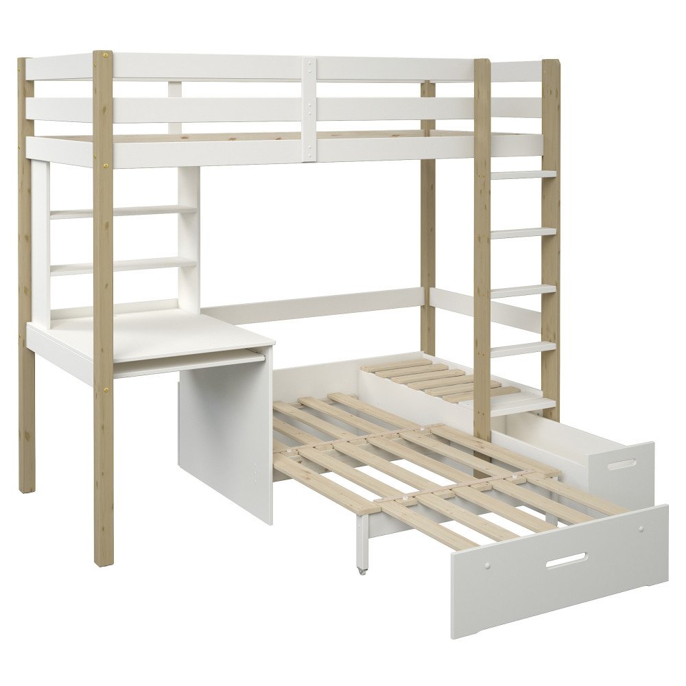 Lit Superposé Enfant Avec Bureau Intégré Et Bande LED - 90x200 Cm, Noir, Sans Matelas, Structure En Fer Et MDF
