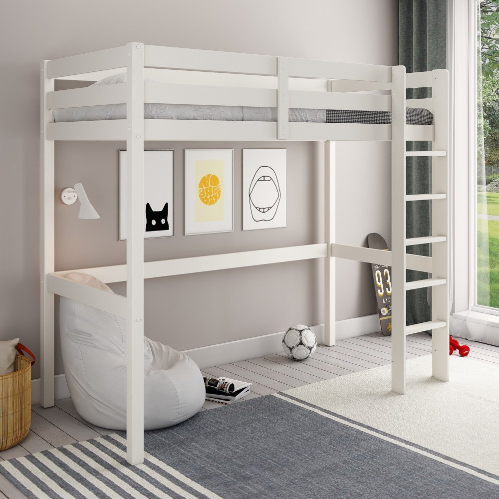 Lit mezzanine enfant 90x200 cm avec escalier de sécurité, rangements et