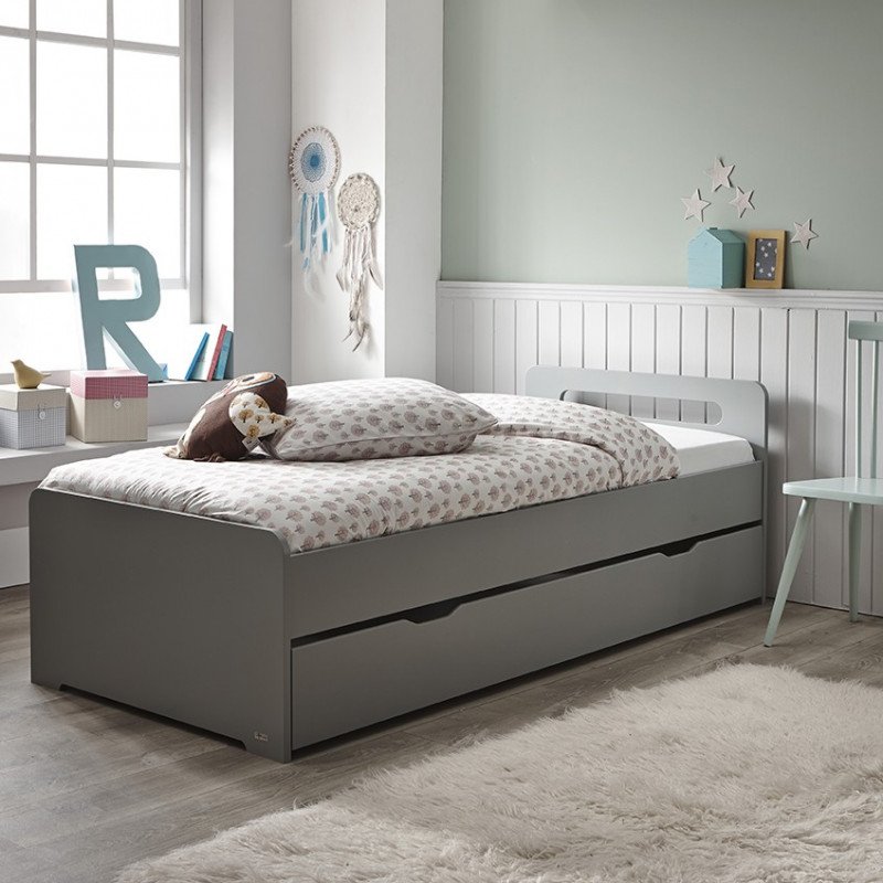 Lit Enfant 90x190 Avec Lit Gigogne - Cadre Rembourré Velours, Sommier à Lattes, Beige Ou Gris