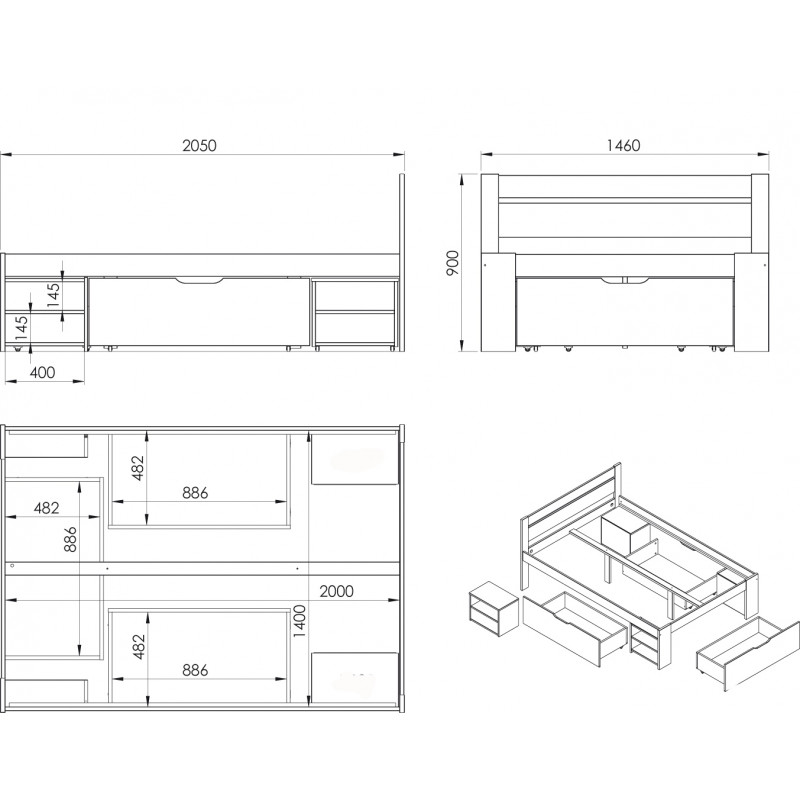 schema multi-storage bed in pine 140x200 arthur