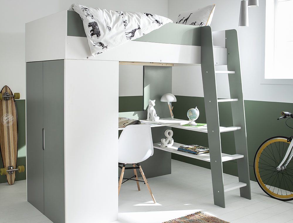 Lit mezzanine à bureau et armoire 90x190 Magnus blanc/vert
