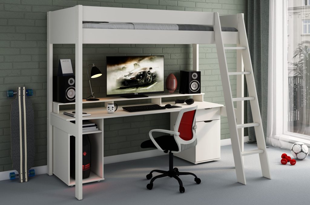 Lit mezzanine avec bureau dessous et échelle inclinée EDOUARD coloris Blanc