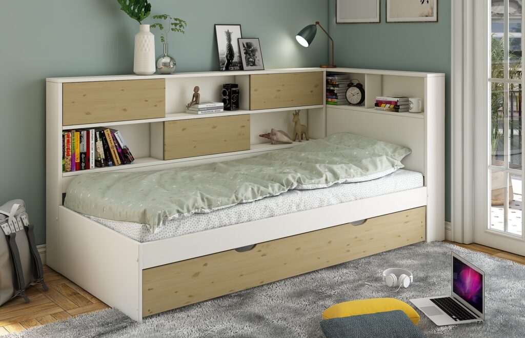 Lit gigogne enfant avec rangements 90x200 AMBRE blanc/bois