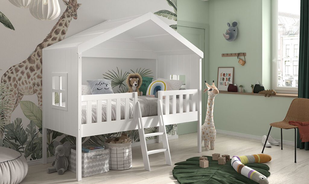 Lit cabane enfant surélevé 90x200 pin AXEL blanc