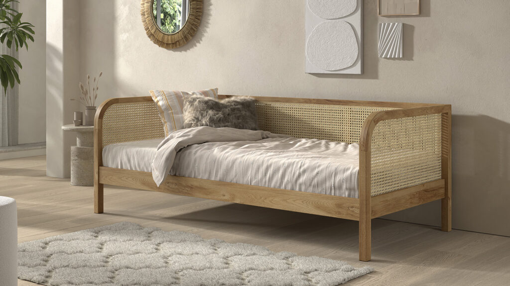 Lit banquette enfant 90x200 en chêne et cannage Aëla
