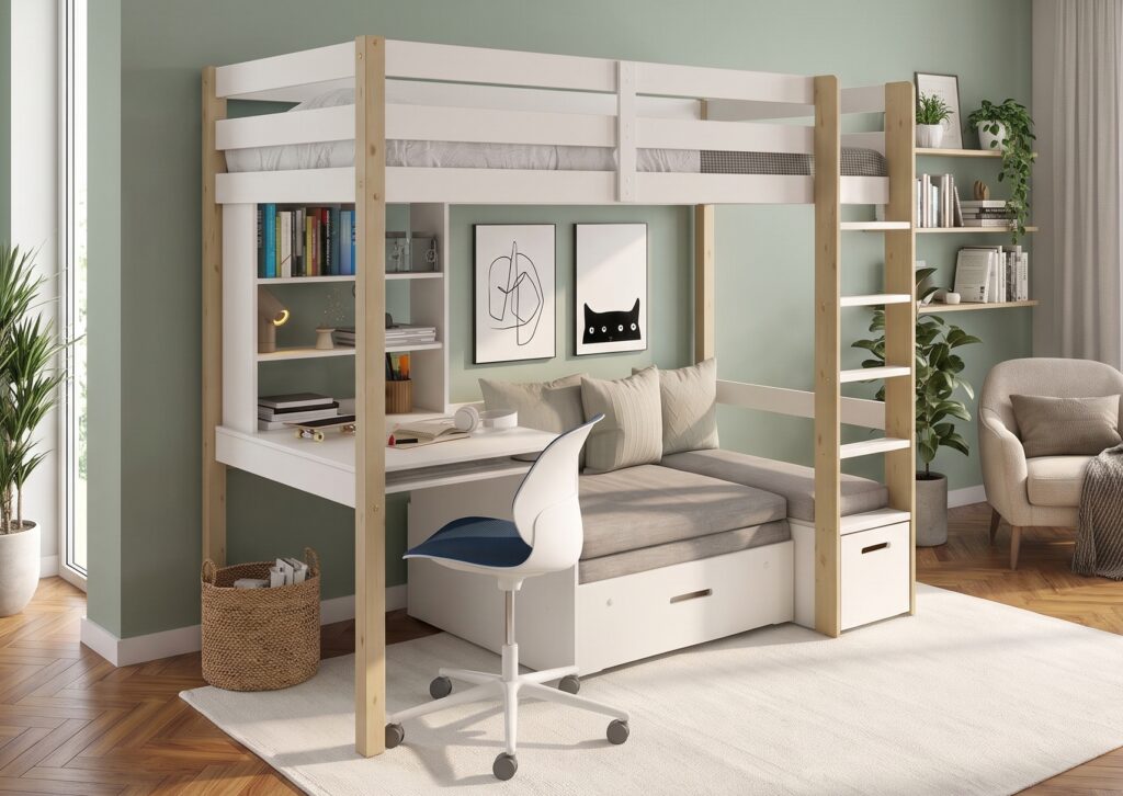 Lit mezzanine ado 90x200 avec bureau et chauffeuse ARTHUR blanc/bois