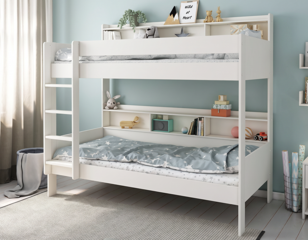 Pack Lit superposé enfant avec étagères 90x200 + 2 matelas EDOUARD blanc