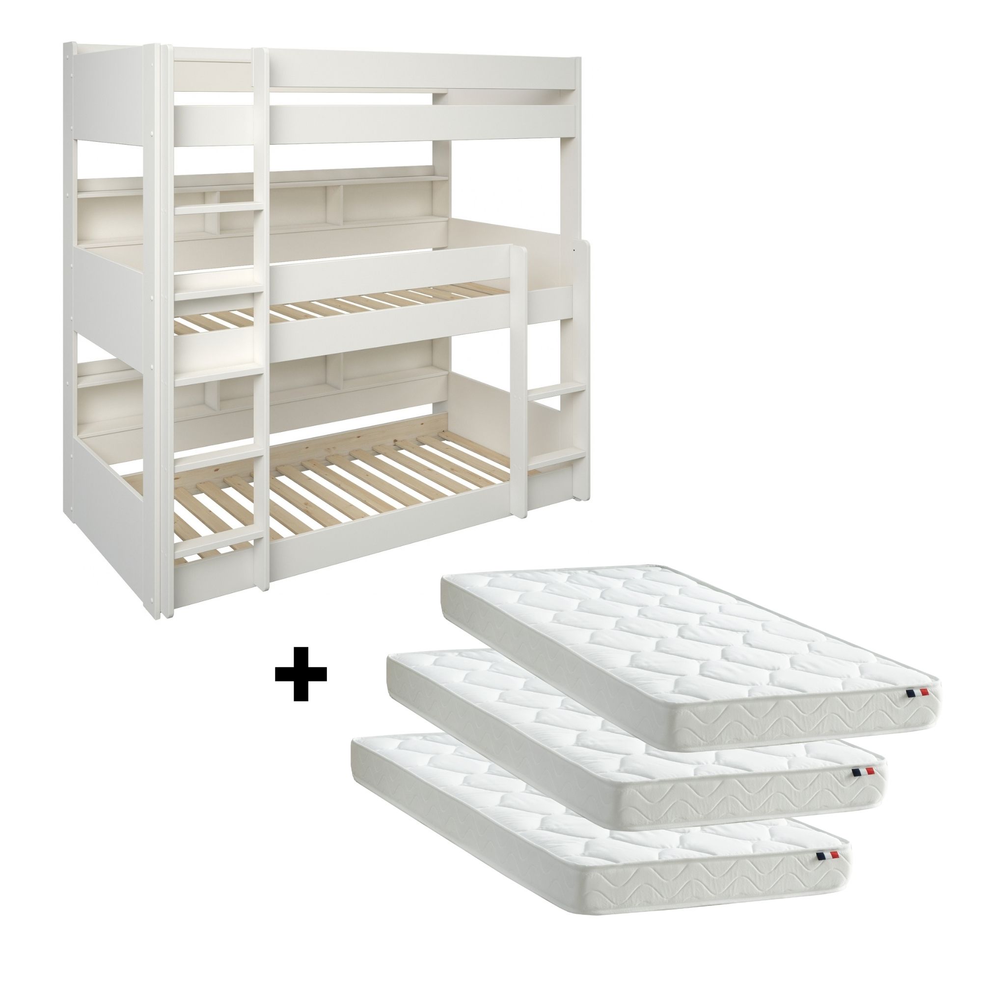 Pack lit superposé 3 places avec étagères + 3 matelas 90x200 EDOUARD blanc