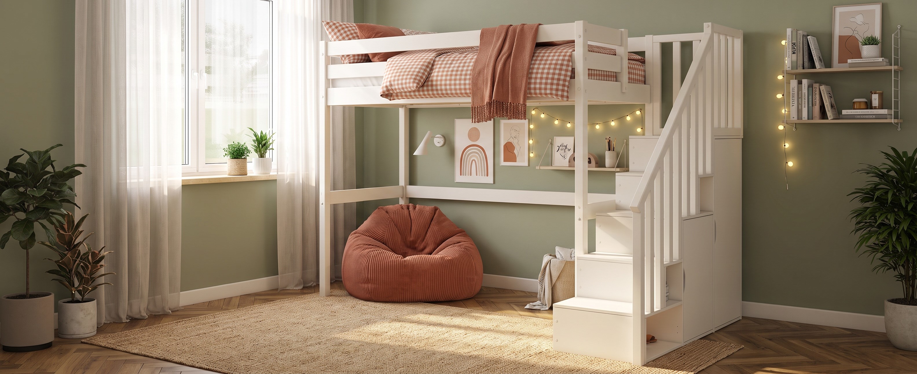 Lit mezzanine enfant avec escalier + rangements 90x190 H175 ROBIN blanc