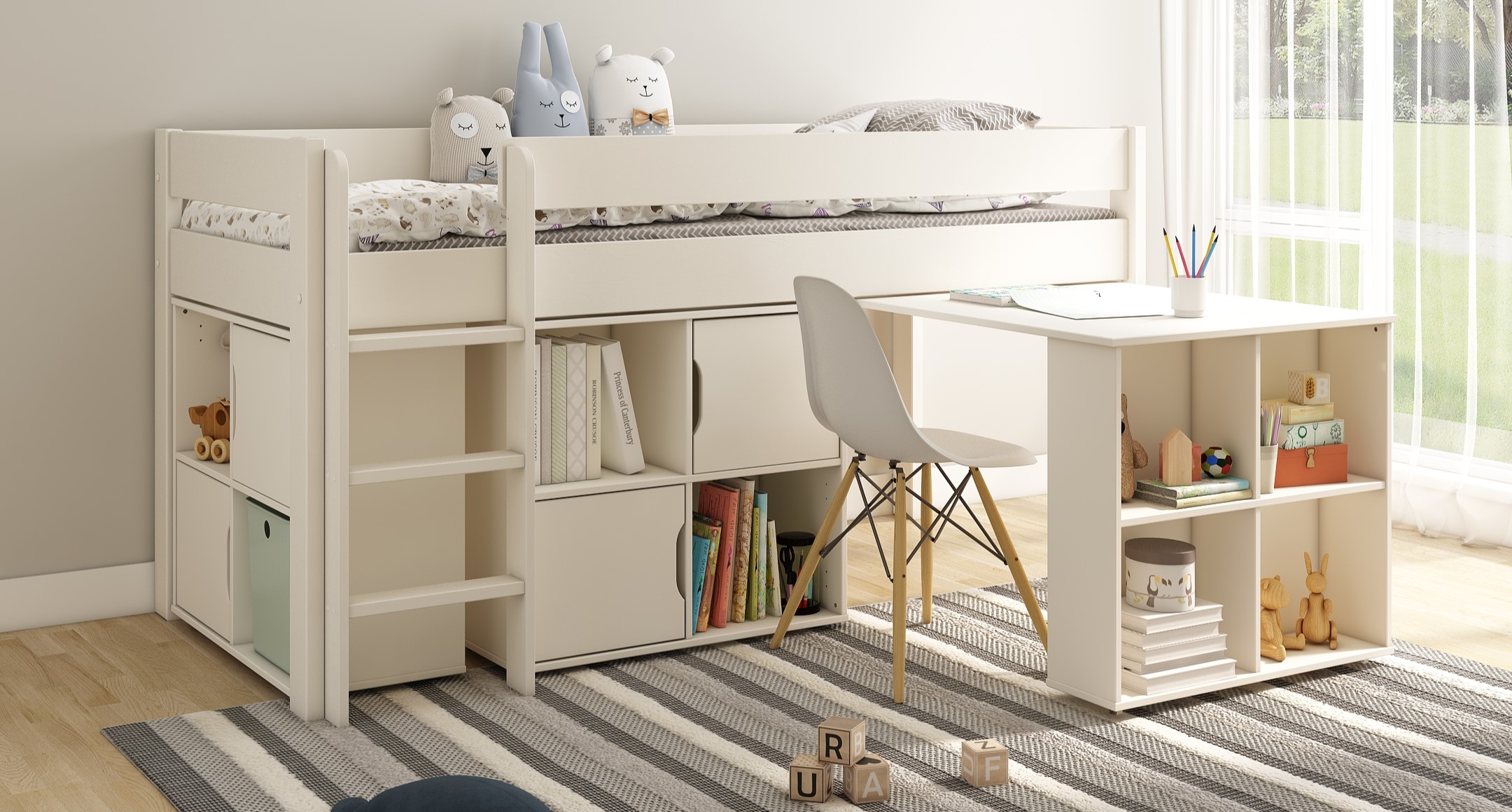 Lit mi-hauteur avec bureau et rangements ARTHUR BLANC 90x200