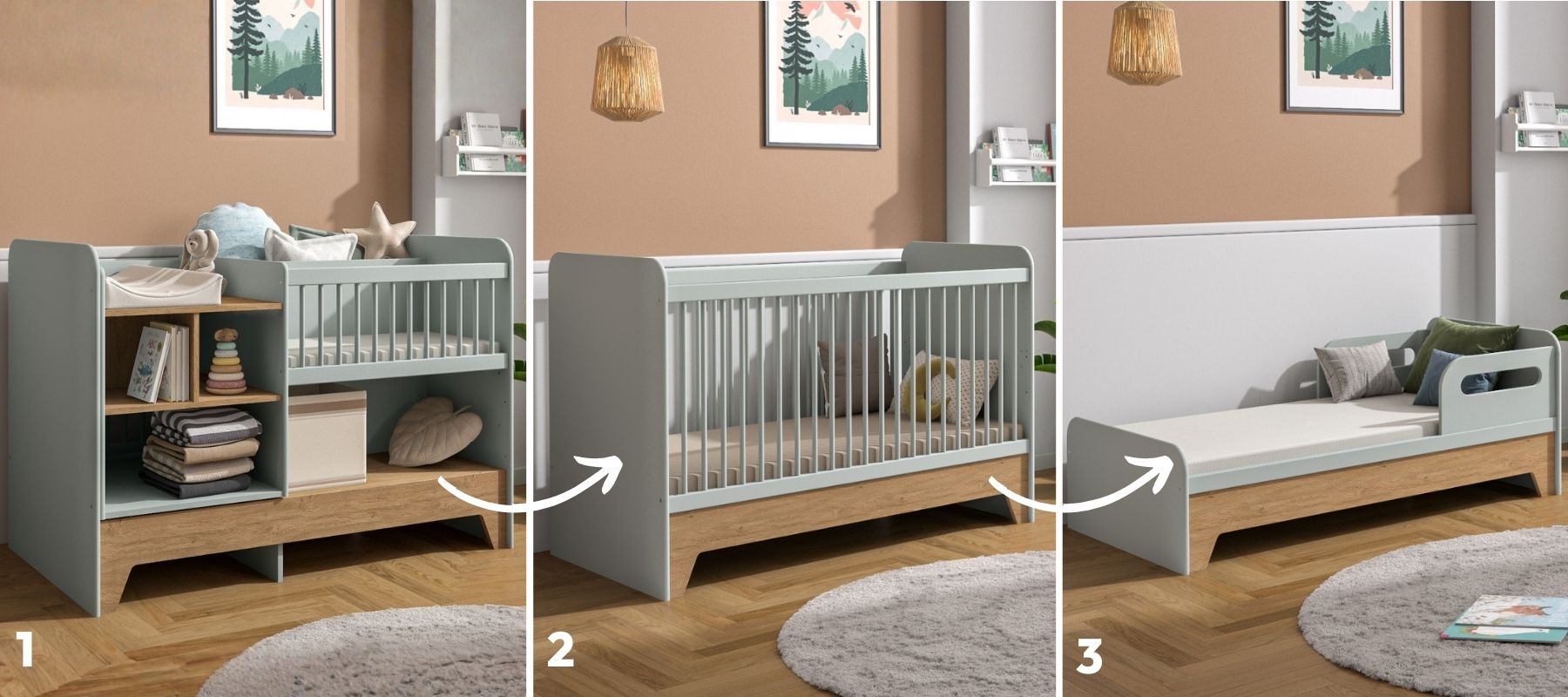 Lit bébé évolutif avec rangements Amélie vert sauge/bois